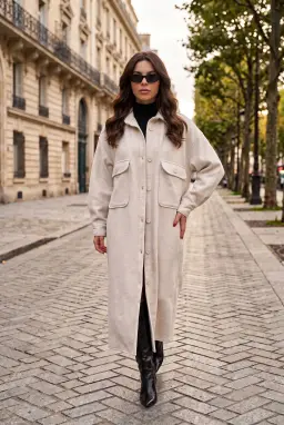 Oversize Long Button-Up Coat with Pockets in Stone