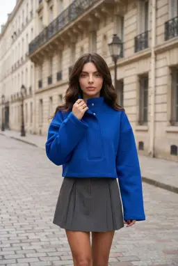 Felpa Corta Oversize a Collo Alto con Bottoni a Pressione, Blu Royal