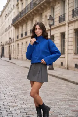Felpa Corta Oversize a Collo Alto con Bottoni a Pressione, Blu Royal