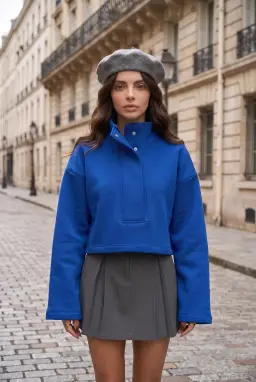 Felpa Corta Oversize a Collo Alto con Bottoni a Pressione, Blu Royal