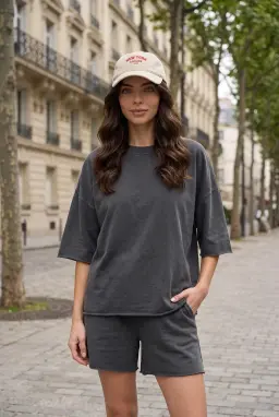 Oversized Ξεβαμμένο Βαμβακερό T-shirt με Αστρίφωτο Τελείωμα Ανθρακί