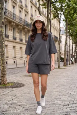 Oversized Ξεβαμμένο Βαμβακερό T-shirt με Αστρίφωτο Τελείωμα Ανθρακί