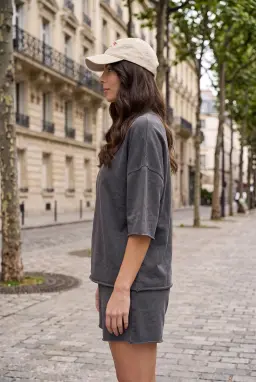 Oversized Ξεβαμμένο Βαμβακερό T-shirt με Αστρίφωτο Τελείωμα Ανθρακί