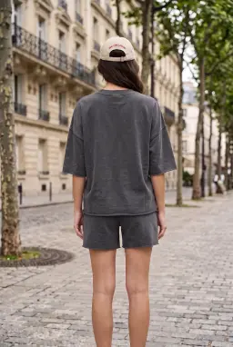 Oversized Ξεβαμμένο Βαμβακερό T-shirt με Αστρίφωτο Τελείωμα Ανθρακί