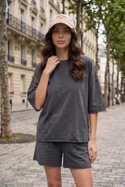 Oversized Ξεβαμμένο Βαμβακερό T-shirt με Αστρίφωτο Τελείωμα Ανθρακί