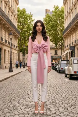 Pink Crop Blazer Jacket, Deep V-Neck Tailored Bow Jacket