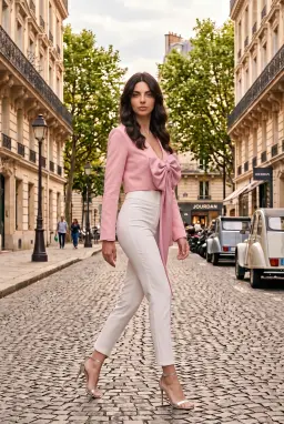 Pink Crop Blazer Jacket, Deep V-Neck Tailored Bow Jacket