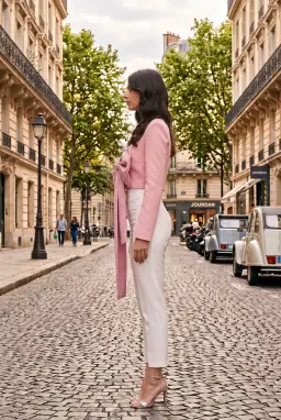 Pink Crop Blazer Jacket, Deep V-Neck Tailored Bow Jacket