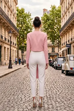 Pink Crop Blazer Jacket, Deep V-Neck Tailored Bow Jacket