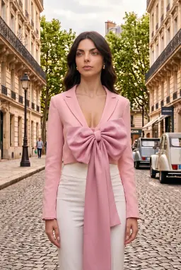 Pink Crop Blazer Jacket, Deep V-Neck Tailored Bow Jacket