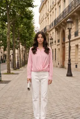 Camisa de Modal Rosa con Bajo Fruncido — Rosa