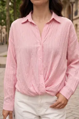 Camisa de Modal Rosa con Bajo Fruncido — Rosa