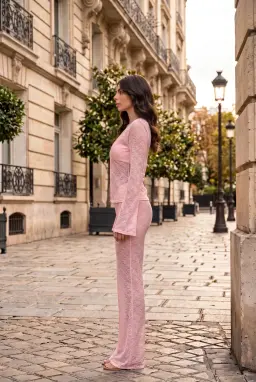 Rosa Transparentes Spitzen 2-Teiler Set Trompetenärmel & Hose