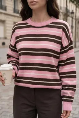 Suéter de malha às riscas cor-de-rosa com decote redondo — Cor-de-rosa