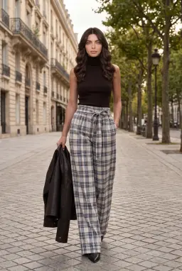 Pantaloni Larghi a Quadri Vita Alta con Cintura Beige — Beige-Nero