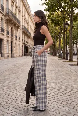 Pantaloni Larghi a Quadri Vita Alta con Cintura Beige — Beige-Nero