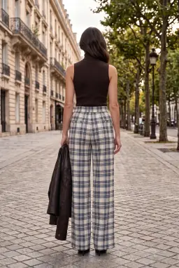 Pantaloni Larghi a Quadri Vita Alta con Cintura Beige — Beige-Nero