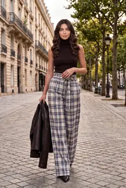 Pantaloni Larghi a Quadri Vita Alta con Cintura Beige — Beige-Nero