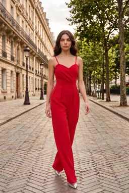 Rode Jumpsuit met Hartvormige Hals en Wijde Pijpen