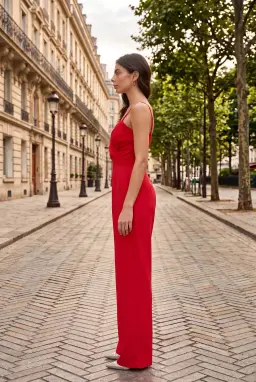 Rode Jumpsuit met Hartvormige Hals en Wijde Pijpen
