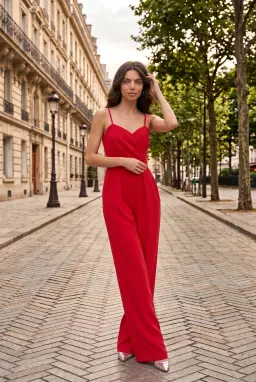 Rode Jumpsuit met Hartvormige Hals en Wijde Pijpen