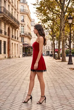 Abito Mini in Velluto Rosso con Bordo in Pizzo