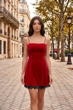Abito Mini in Velluto Rosso con Bordo in Pizzo