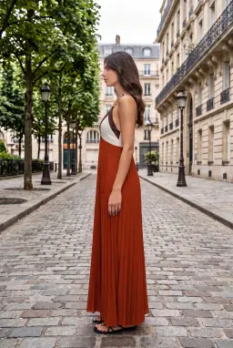 Robe Longue Plissée D'été Color Block Rouille à Bretelles Chaîne