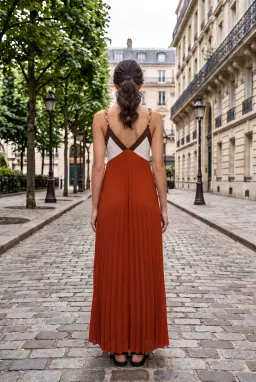 Robe Longue Plissée D'été Color Block Rouille à Bretelles Chaîne