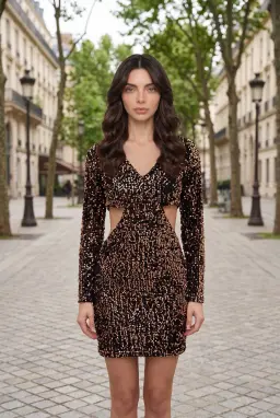 Mini Robe à Paixtes Noire Manches Longues Découpée