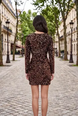 Mini Robe à Paixtes Noire Manches Longues Découpée