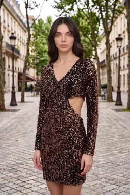 Mini Robe à Paixtes Noire Manches Longues Découpée