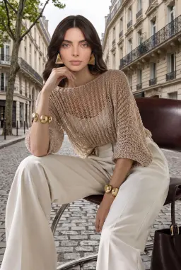 Transparentes Grobstrick-Top mit überschnittenen Schultern in Beige — Beige