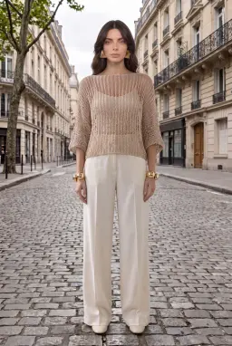 Transparentes Grobstrick-Top mit überschnittenen Schultern in Beige — Beige