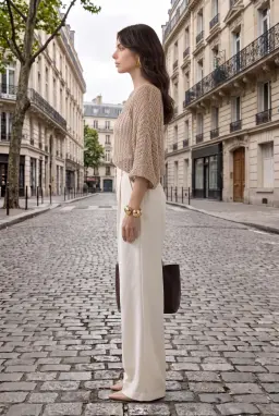 Transparentes Grobstrick-Top mit überschnittenen Schultern in Beige — Beige