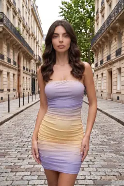 Vestido Mini De Tul Sin Tirantes Fruncido Multicolor
