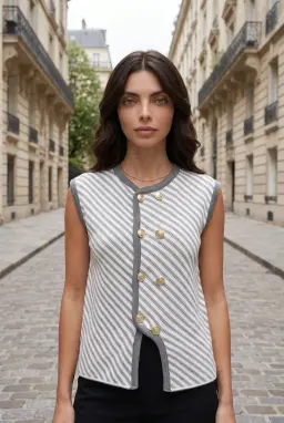 Striped Knit Vest Grey Sleeveless Button Top
