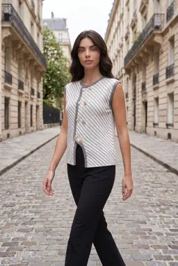 Striped Knit Vest Grey Sleeveless Button Top