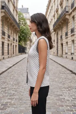 Striped Knit Vest Grey Sleeveless Button Top