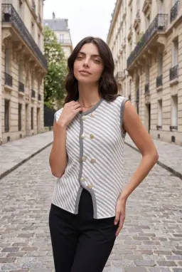 Striped Knit Vest Grey Sleeveless Button Top