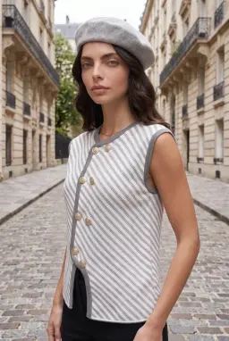 Striped Knit Vest Grey Sleeveless Button Top