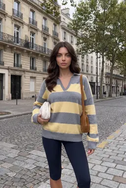 Maglione in Maglia Rigato con Collo Polo - Maglione Oversize Grigio — Grigio
