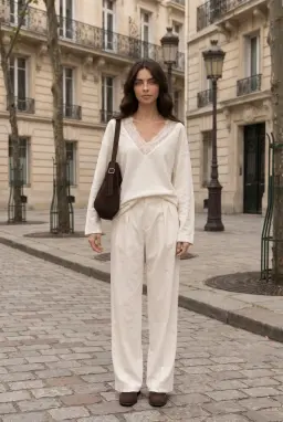 Suéter de Malha Branca com Decote em V e Detalhe de Renda — Branco
