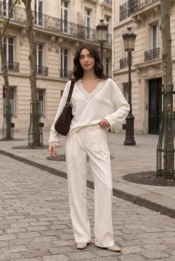Suéter de Malha Branca com Decote em V e Detalhe de Renda — Branco