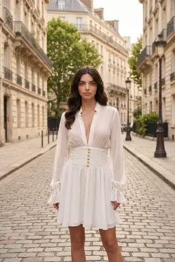 Robe Courte en Tulle Blanc avec Boutons Dorés et Manches Longues
