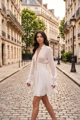 Robe Courte en Tulle Blanc avec Boutons Dorés et Manches Longues