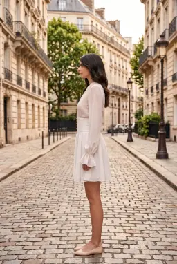 Robe Courte en Tulle Blanc avec Boutons Dorés et Manches Longues