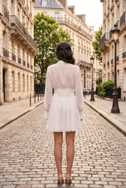 Robe Courte en Tulle Blanc avec Boutons Dorés et Manches Longues