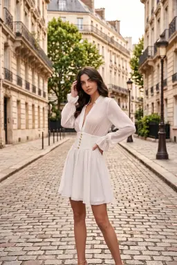 Robe Courte en Tulle Blanc avec Boutons Dorés et Manches Longues