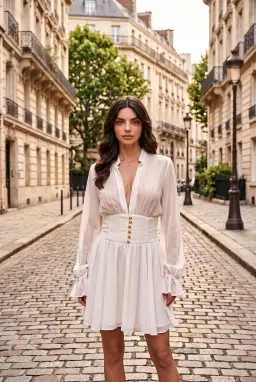Robe Courte en Tulle Blanc avec Boutons Dorés et Manches Longues